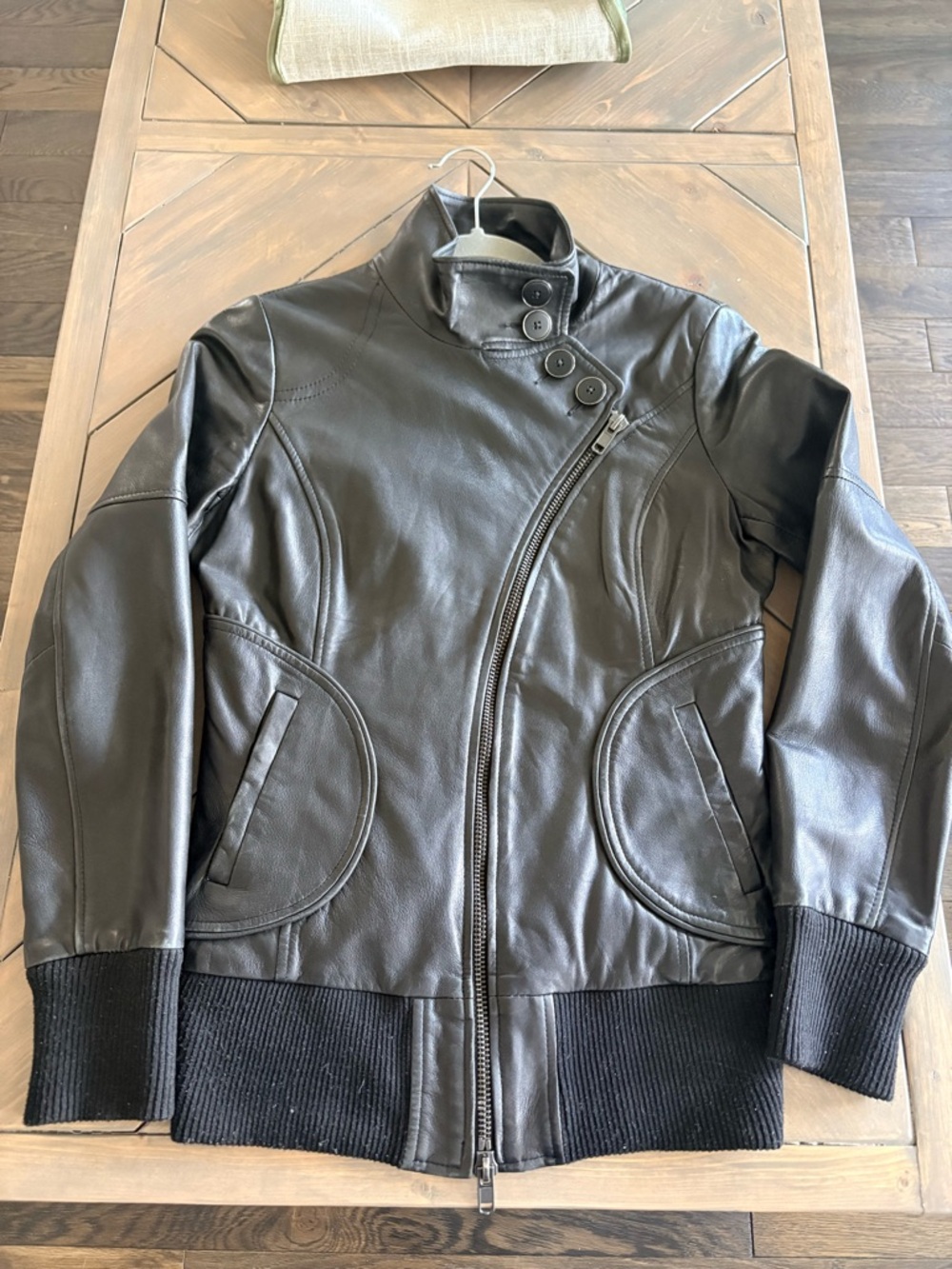 Soia & Kyo Black Leather Jacket with Olive Tag Detail